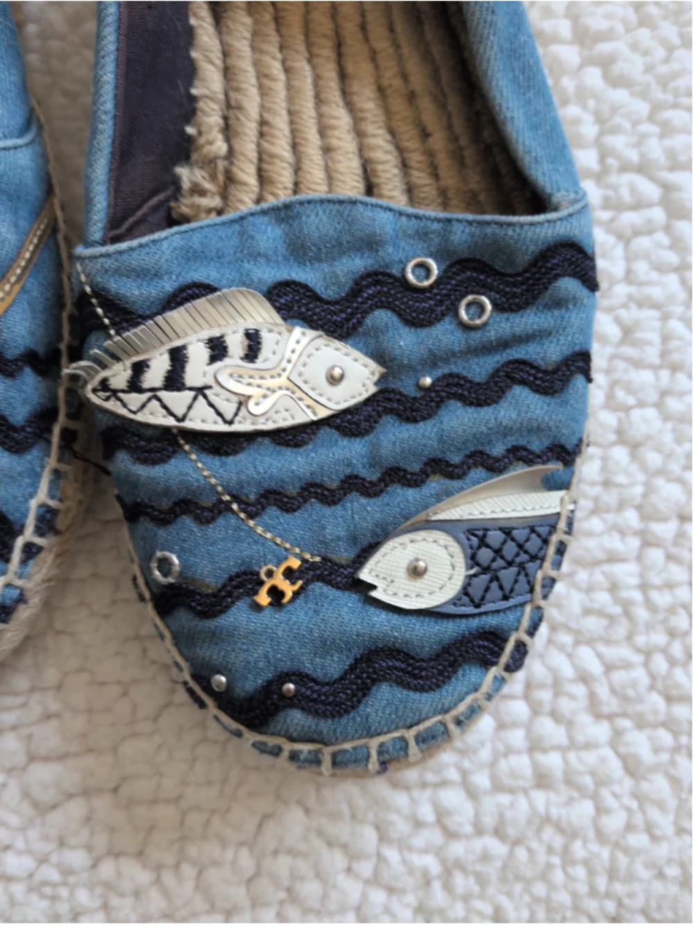 Tory Burch seaside nautical denim coastal fish resortwear espadrilles sandals
